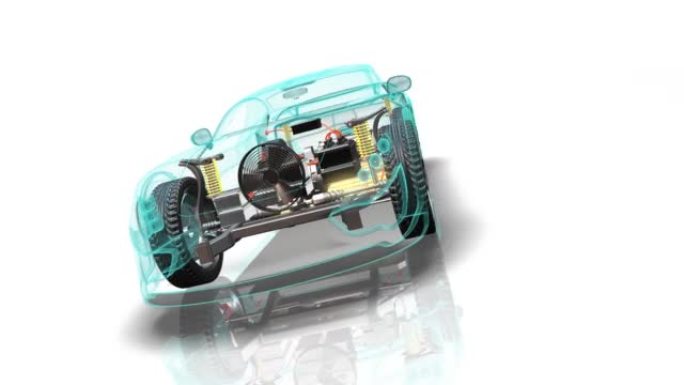 具有内部零件的现代通用电动汽车底盘。锂电池可见。