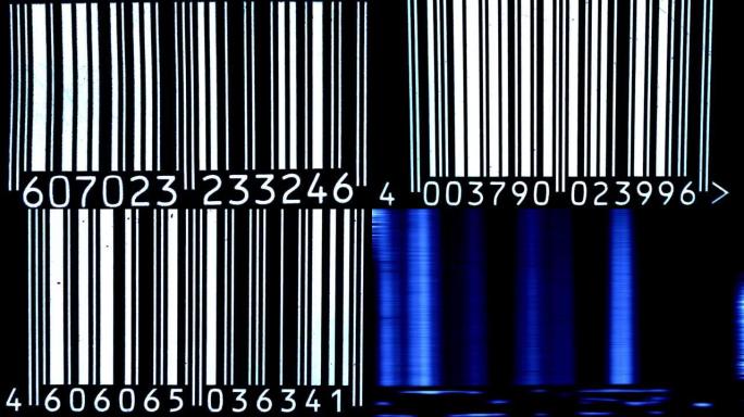 条形码扫描仪。条码混乱。动画背景。快速变化的标签数字序列作为循环零售动画。