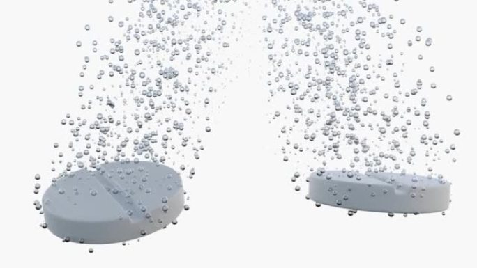 两个泡腾起泡丸溶解在水中释放气泡。VJ循环。3d渲染