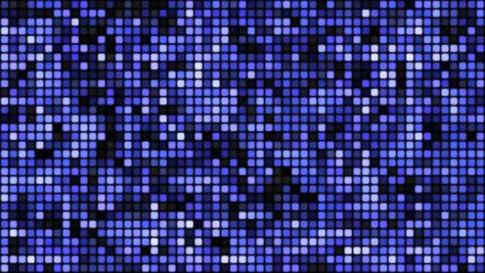 黑色背景循环上的蓝色浮动网络方块。慢速混沌像素拼接无缝动画。