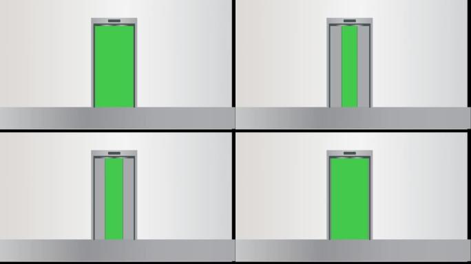 通过露出绿色屏幕4K来关闭和打开电梯升降门。现代广告概念