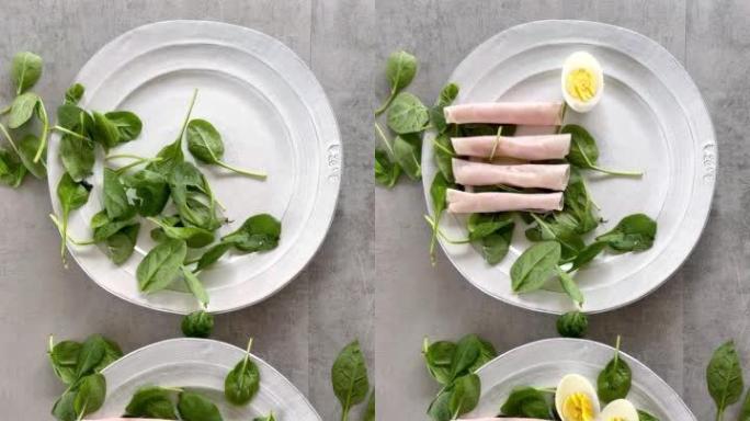 社交媒体早餐火腿和蛋板慢动作的垂直食谱博客蒙太奇