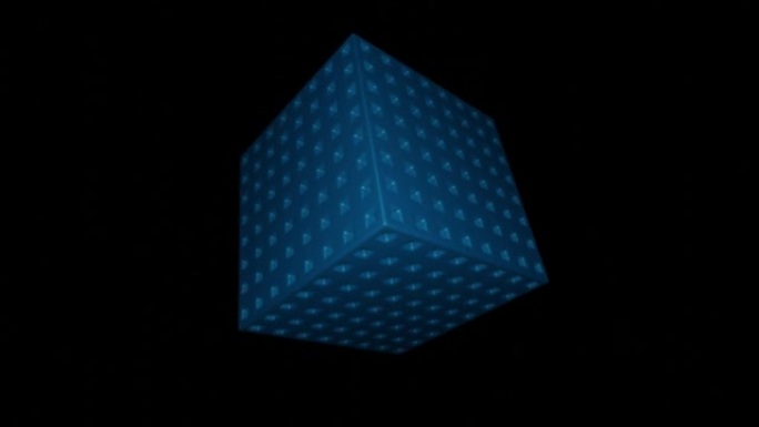 黑色背景。设计。蓝色的大正方形，以抽象的3d格式围绕自己旋转。