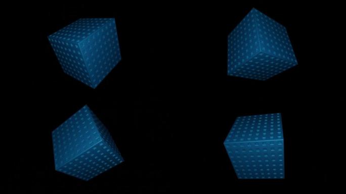 黑色背景。设计。蓝色的大正方形，以抽象的3d格式围绕自己旋转。