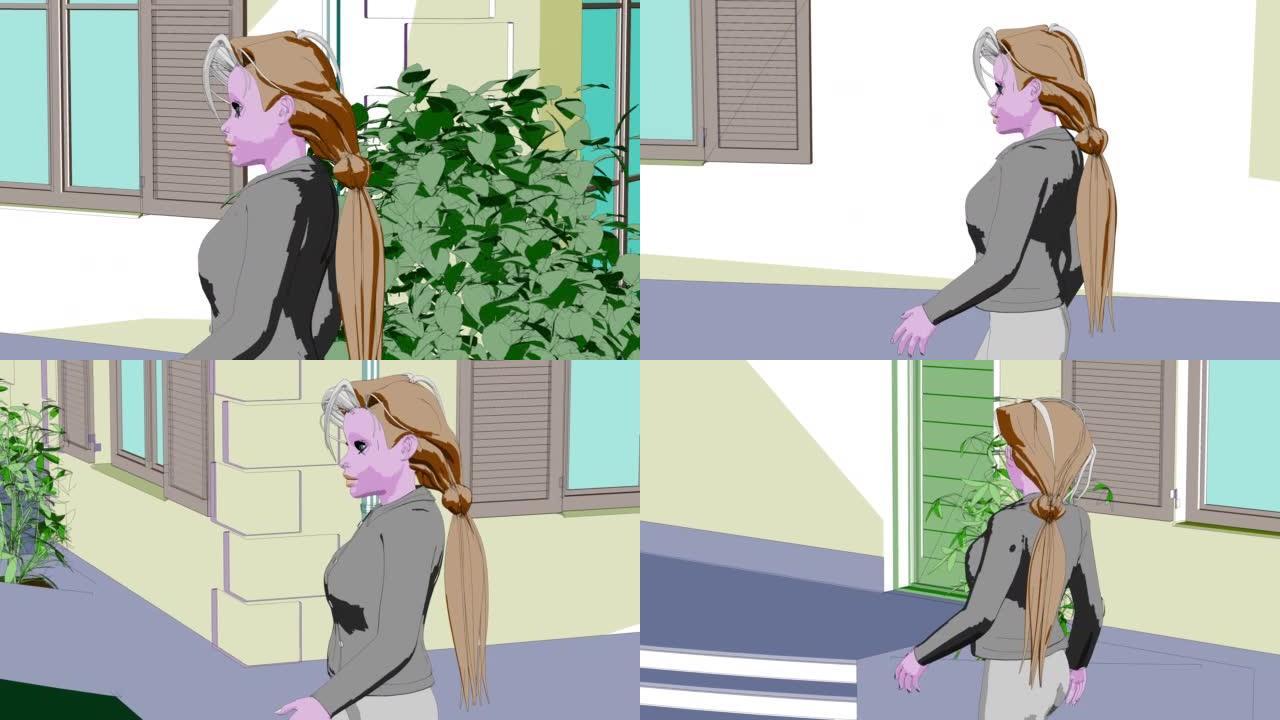 3d动画，一个卡通人物在房子里走来走去