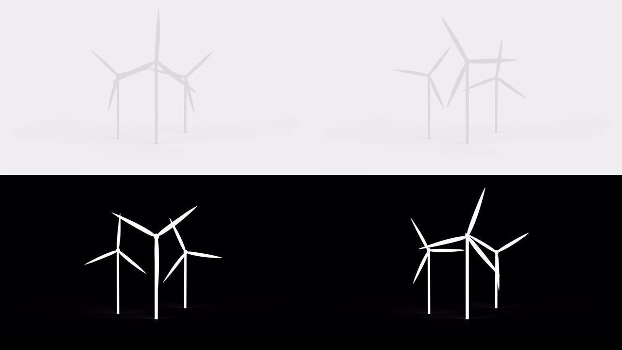 3d动画风力发电机储能设施。绿色能源。