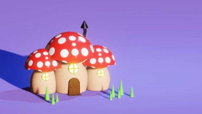 紫色背景上的红色小蘑菇屋的垂直3D渲染平移动画