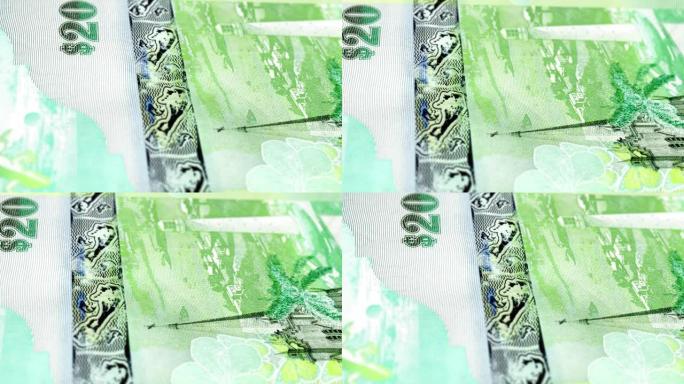 百慕大百慕大元20纸币，二十百慕大元，百慕大元的特写和宏观视图，跟踪和多莉拍摄20百慕大元纸币观察和