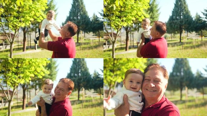 微笑的祖父和小侄子享受野餐时间的特写镜头