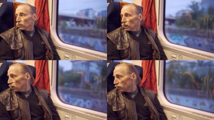 戴眼镜的老人坐火车旅行，看着窗外，早上与他的良心交谈。
