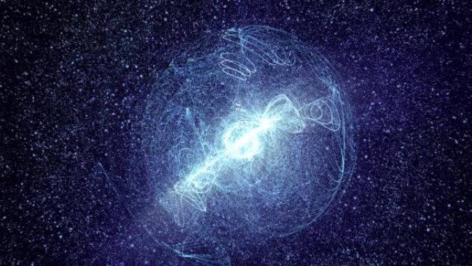 明亮发光的蓝色恒星能量球，核心是黑色高科技空间背景上的能量爆炸。高质量4k的抽象背景、介绍、视频