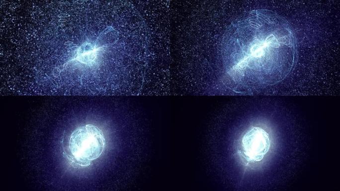 明亮发光的蓝色恒星能量球，核心是黑色高科技空间背景上的能量爆炸。高质量4k的抽象背景、介绍、视频