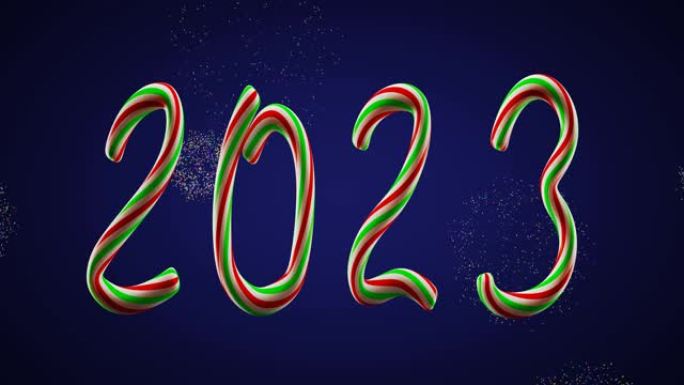 新年。数字2022 2023年变化。圣诞糖果雕像在爆炸烟花的背景下。3d