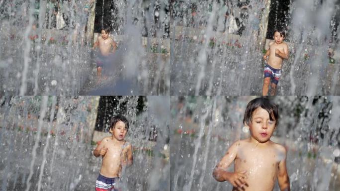 夏天，小男孩在城市公园的喷水处奔跑。小孩子在清爽的水中奔跑，以慢动作120fps的速度飞溅