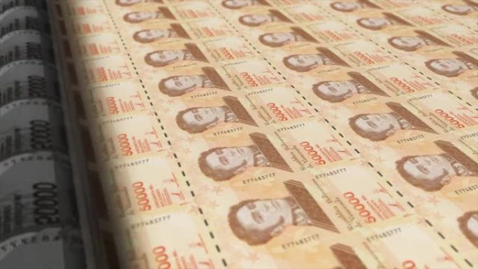 委内瑞拉，委内瑞拉玻利瓦尔印刷机打印出当前50000玻利瓦尔纸币，无缝循环，委内瑞拉货币背景，4K，