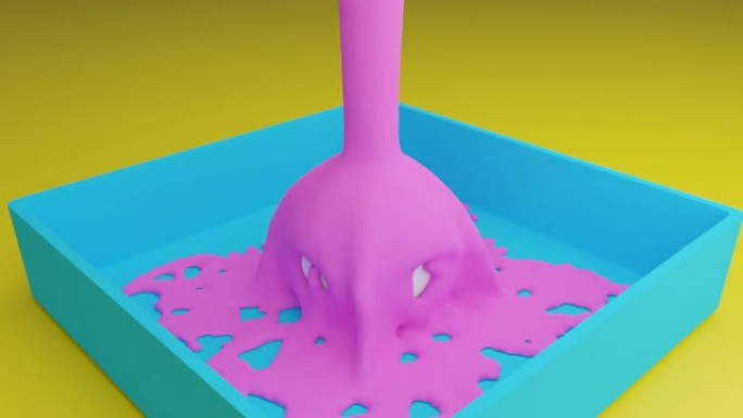 在4k中，将粉红色液体倒在蓝色盒子内的白色球上的3D渲染