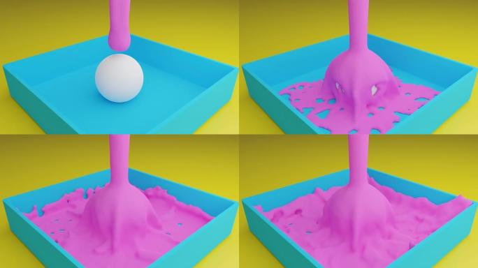 在4k中，将粉红色液体倒在蓝色盒子内的白色球上的3D渲染