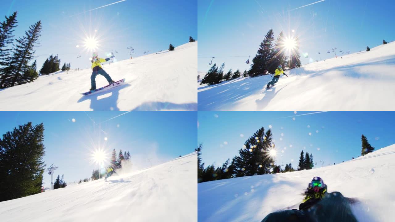 女孩在斜坡上滑雪并摔倒。欧洲滑雪中心的女滑雪者。前视图。晴朗的蓝天。
