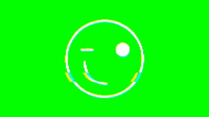 在绿色背景上带有毛刺效果的眨眼表情。表情符号运动图形。
