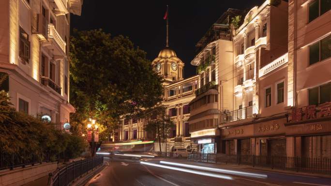 广州老城区骑楼粤海关夜景