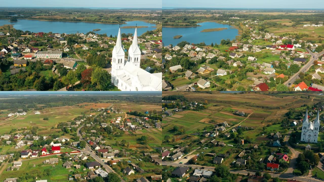 白俄罗斯维捷布斯克沃布拉斯瓦夫区Slobodka。斯洛博德卡村附近波采克湖的鸟瞰图。神圣天意教会