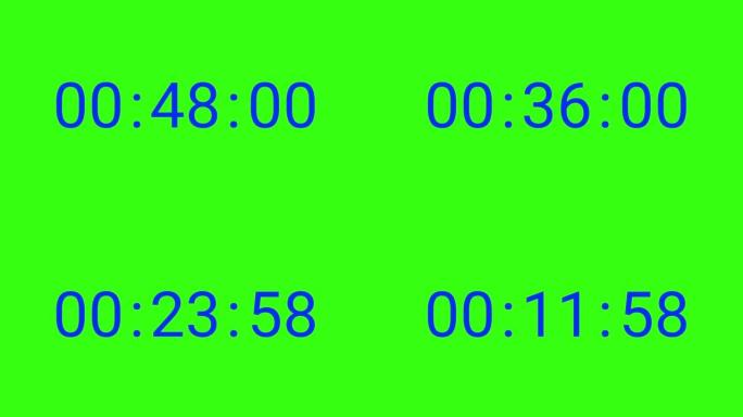 6位60秒 (1分钟) 倒计时计时器。绿色屏幕上的蓝色数字色度键