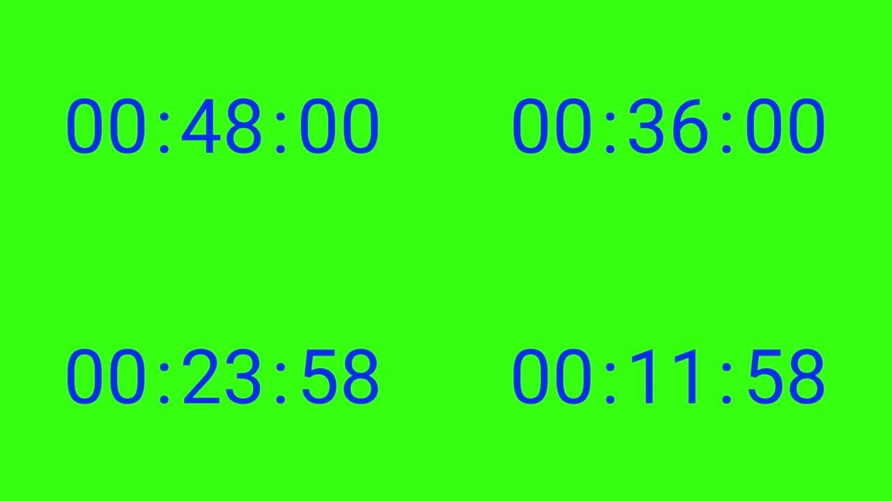 6位60秒 (1分钟) 倒计时计时器。绿色屏幕上的蓝色数字色度键