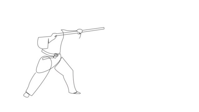自制动画的武术功夫构图与东方战斗棍。连续画线。