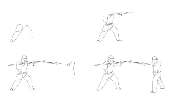 自制动画的武术功夫构图与东方战斗棍。连续画线。