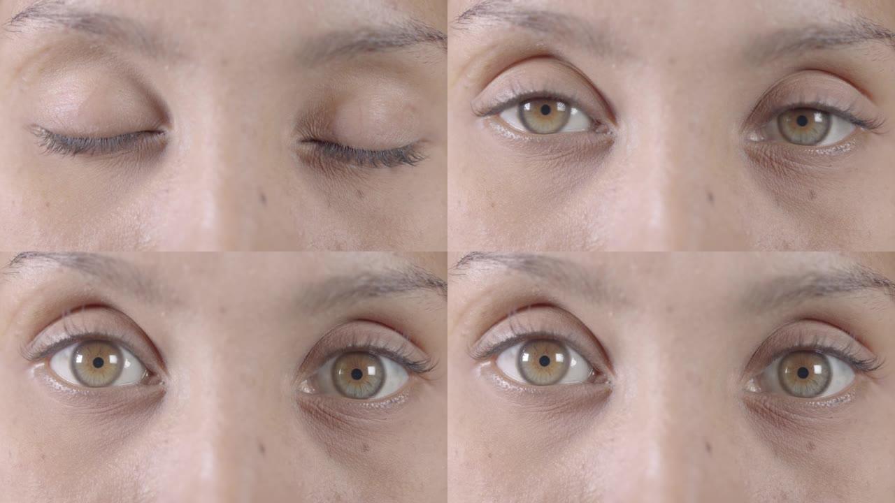 女人，眼睛和视觉觉醒的意识的眼睑眨眼的视觉和聚焦细节的淡褐色的瞳孔和虹膜。女性在聚焦视力中睁开眼睛的