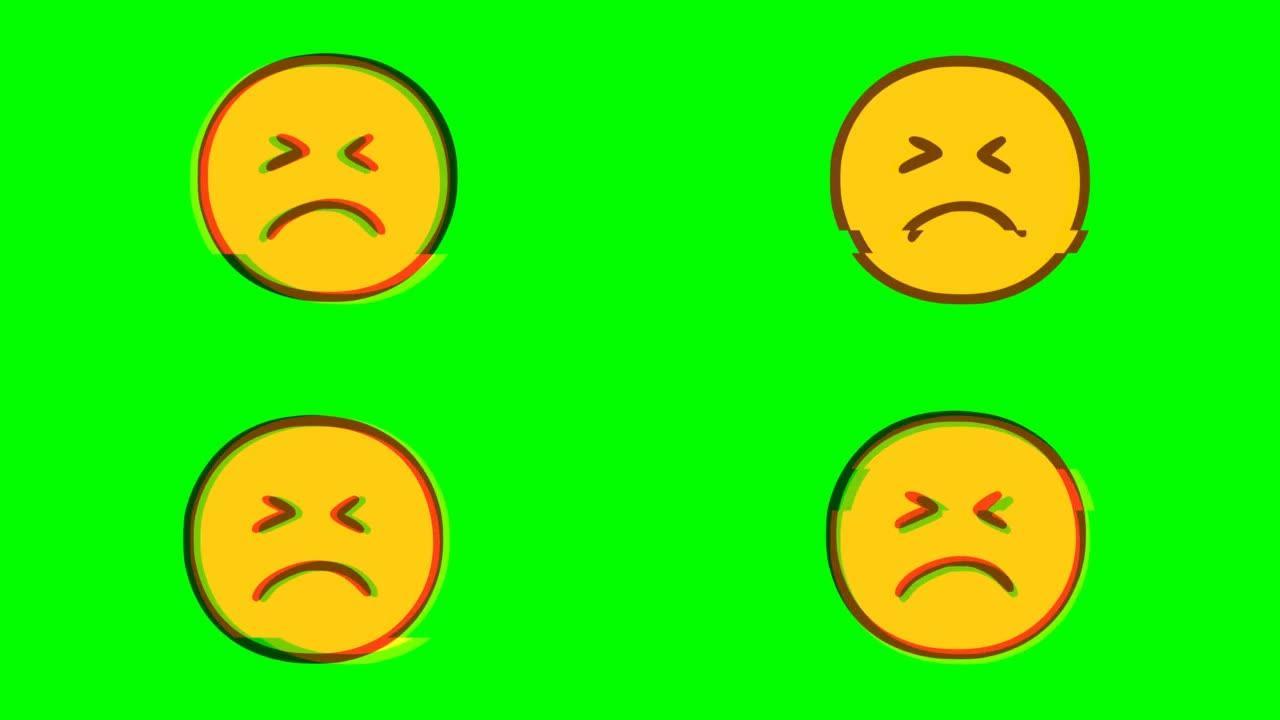 绿色背景上的悲伤表情符号故障效果。表情符号运动图形。
