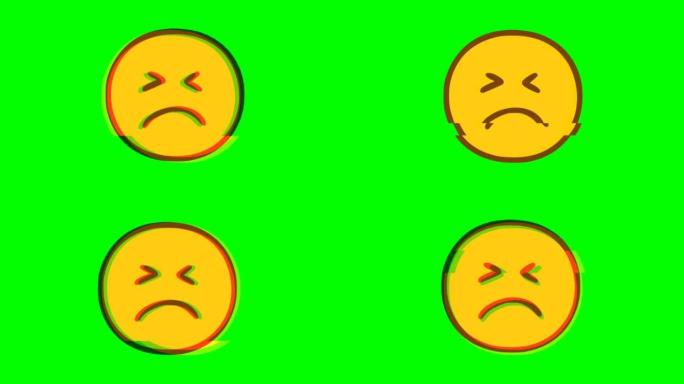 绿色背景上的悲伤表情符号故障效果。表情符号运动图形。