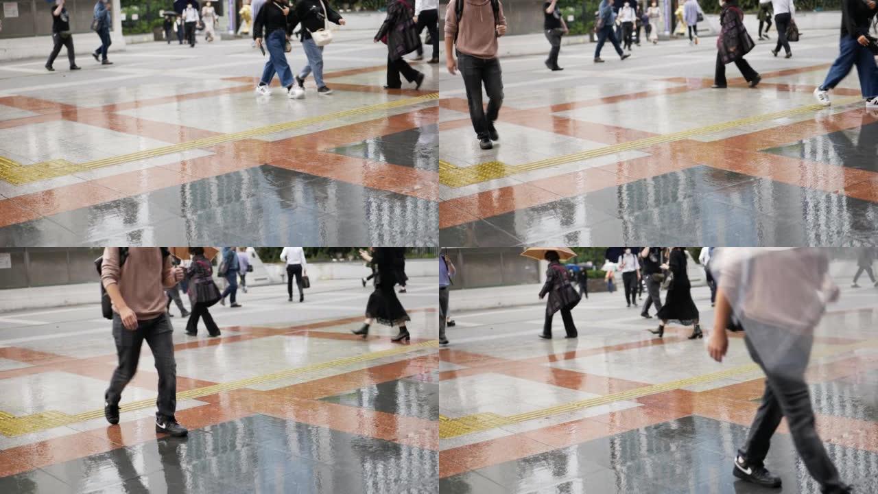 4k慢行人在雨中行走运输