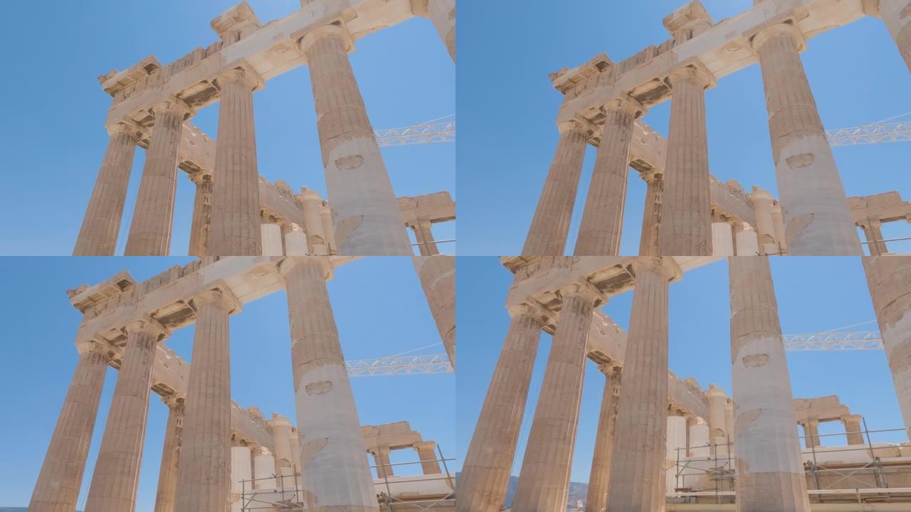 帕台农神庙圆柱的近景，希腊雅典卫城神庙的重建