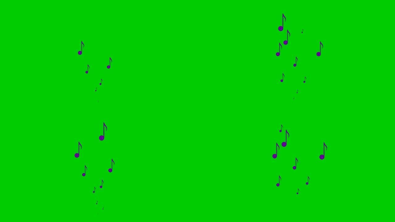动画紫罗兰音符从下到上飞来飞去。一波飞扬的音符。音乐、歌曲、旋律的概念。矢量插图孤立在绿色背景上。