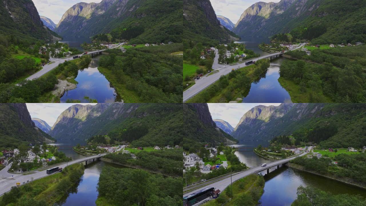 穿越挪威乡村的旅游巴士的风景鸟瞰图