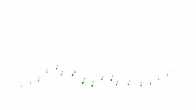 动画绿色音符从左到右飞行。一波飞扬的音符。音乐的概念。矢量插图孤立在白色背景上。