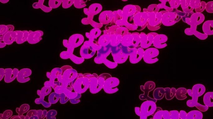 黑色背景上粉红色字母的爱情一词的3D渲染动画