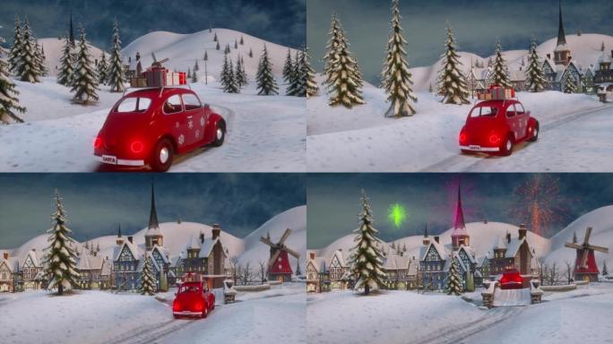 圣诞老人圣诞动画。有趣的圣诞老人在节日的冬季城市乘坐带礼物的红色汽车。烟花。