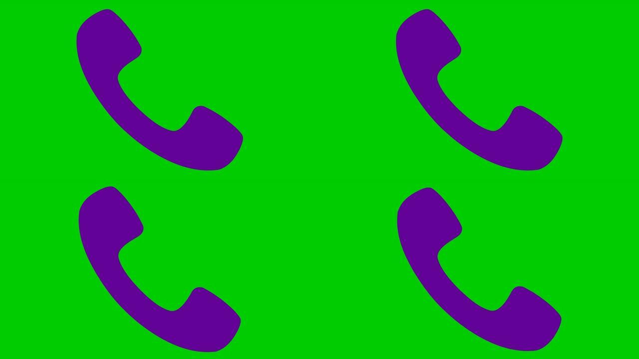 手机的动画紫罗兰色图标。手机的象征。沟通、支持的概念。循环视频。矢量插图孤立在绿色背景上。