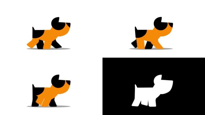 卡通黑色和橙色狗在白色背景下行走