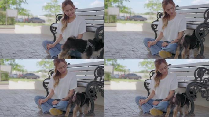 快乐的年轻亚洲女子和她的狗一起玩耍和坐在公园的长凳上。宠物爱好者概念
