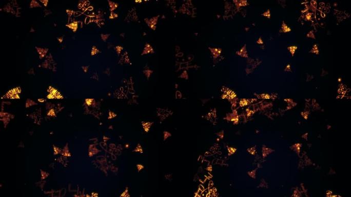 抽象循环圣诞快乐金星文本与圣诞树流从左至右的黑色背景效果动画。