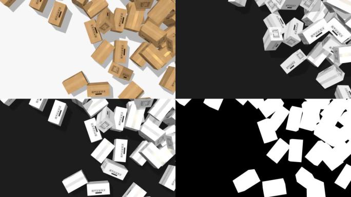 装运纸箱从地板右侧掉落，两种不同的棕色和白色纸箱颜色，3D渲染，亮度哑光纸箱选择