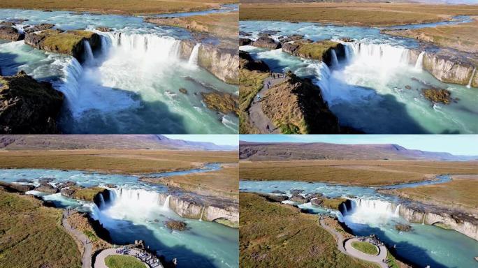 冰岛的Godafoss瀑布被昵称为众神之瀑布。无人机鸟瞰图。