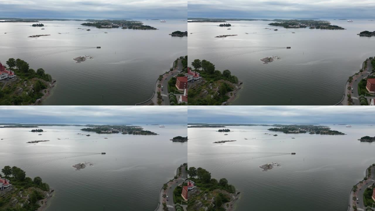 赫尔辛基Havshamnen码头上船只的全景