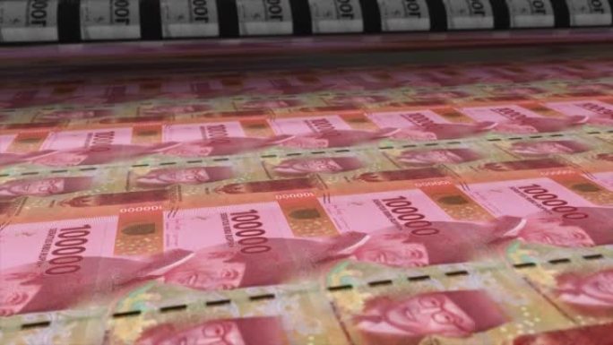 印度尼西亚，印度尼西亚卢比印刷机打印出当前100000卢比钞票，无缝循环，印度尼西亚货币背景，4K，