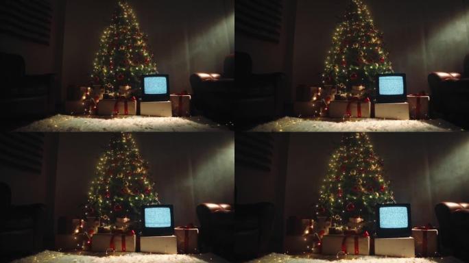 老式房间，带圣诞树和带噪音的静态电视