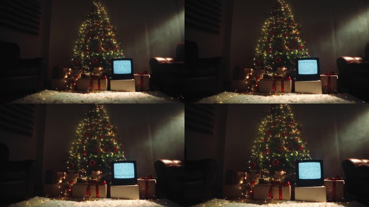 老式房间，带圣诞树和带噪音的静态电视