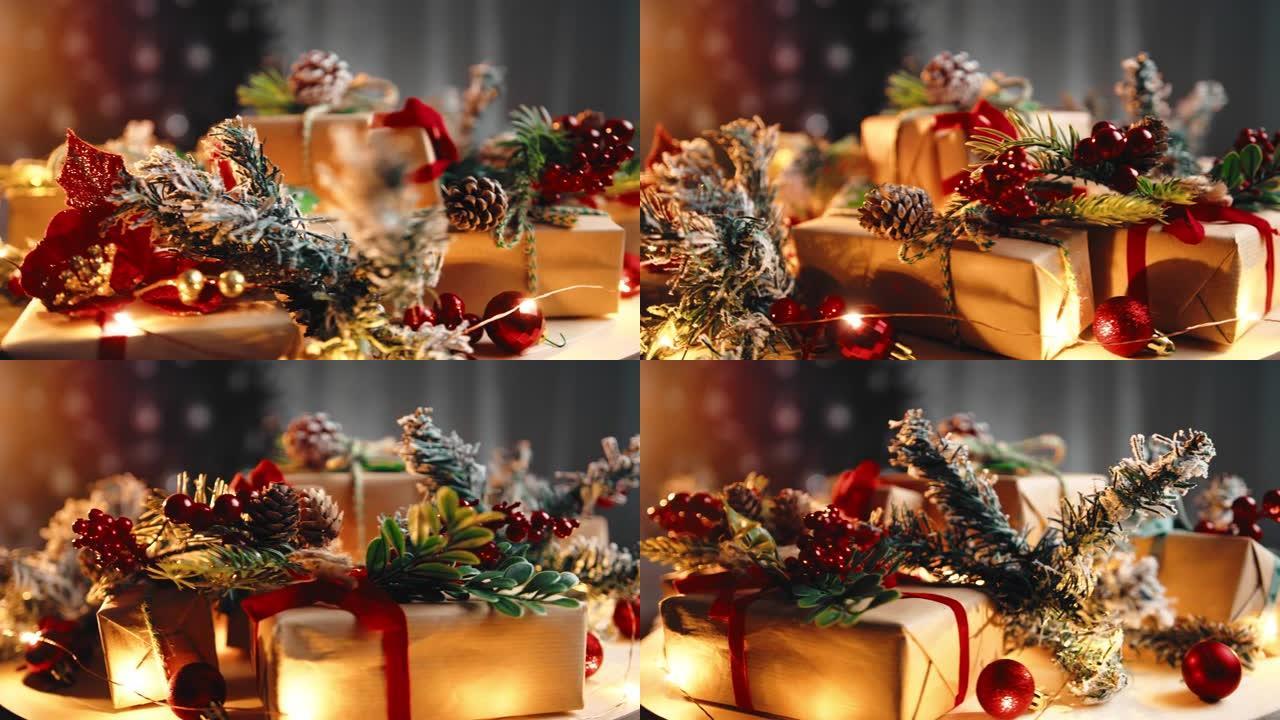 圣诞礼品盒靠树旋转桌